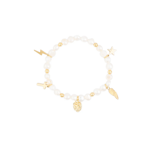 PEARL BEAD BRACELET 6 MM W/5 CHARMS