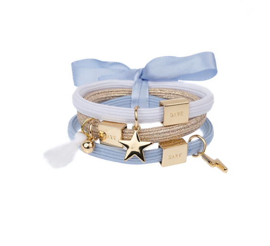 HAIR TIES 3 PK CHARM COMBO LIGHT BLUES W/GOLD